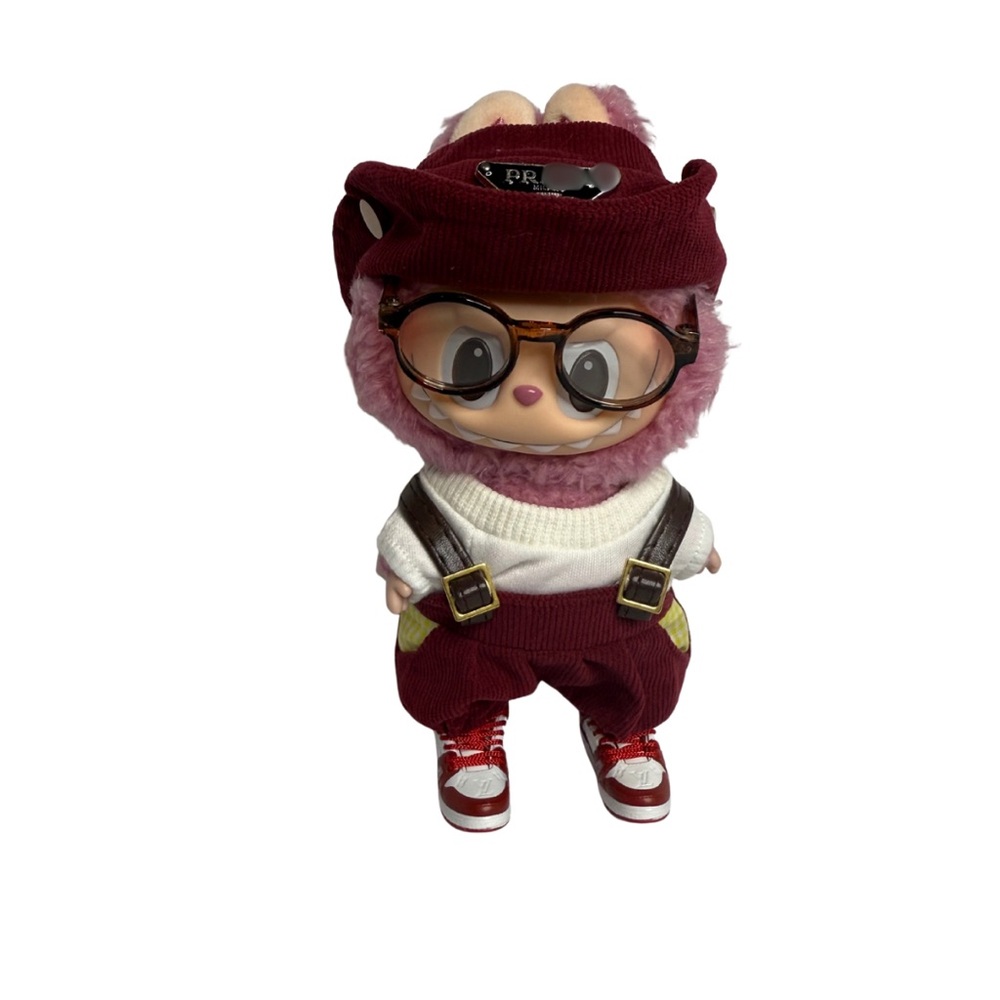 Dress your Labubu in cozy collector style with this burgundy and white set